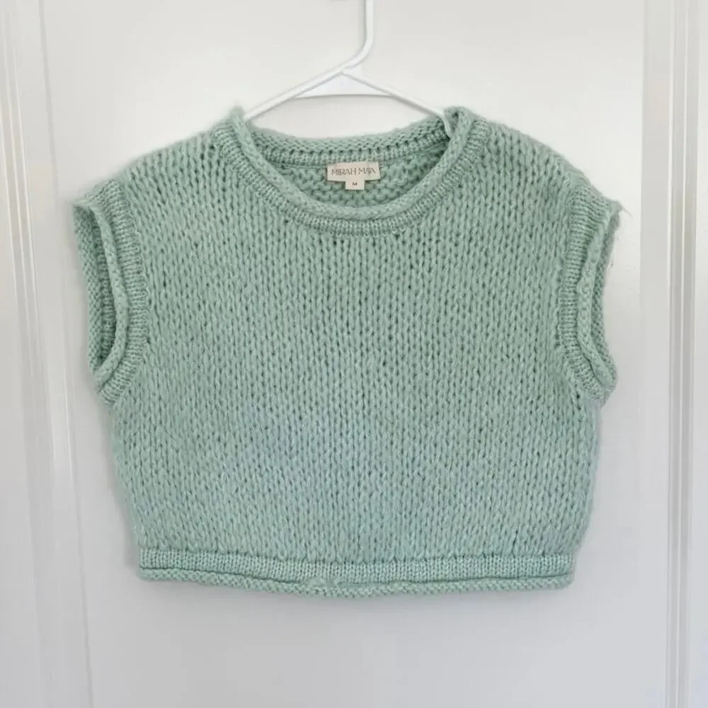Mirah Maja Cropped Wool Blend Knit Sweater Top Mint Green Medium
